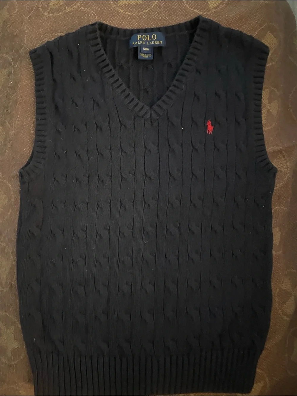 Ralph Lauren Navy Cable-Knit V-Neck Sweater Vest with Red Pony